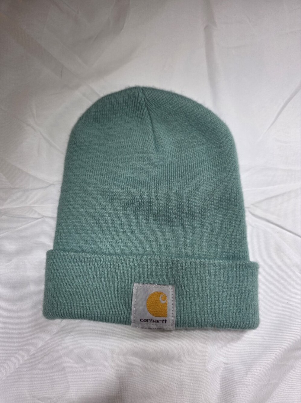 Carhartt Seafoam Knit Beanie with Yellow Logo Patch Fold Over Hat